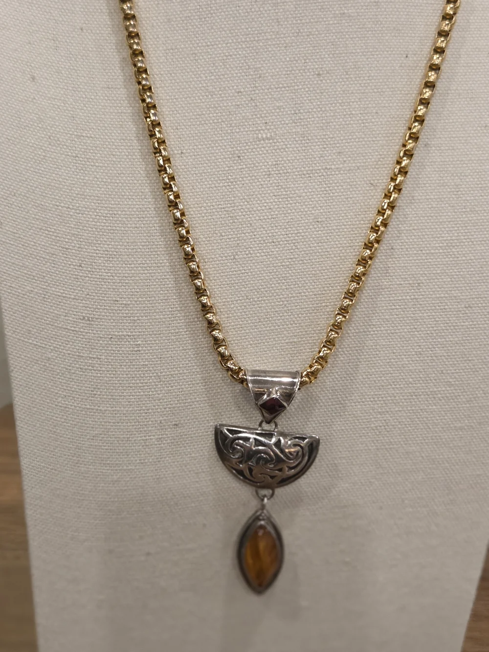 Gold Chain Necklace with Silver Filigree and Amber Pendant Signed LB